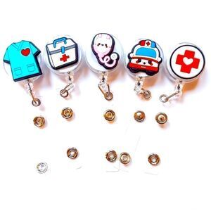 Set of 5 Cute Retractable Nurse Doctor Practitioner EMT Badge Holder Clip Button